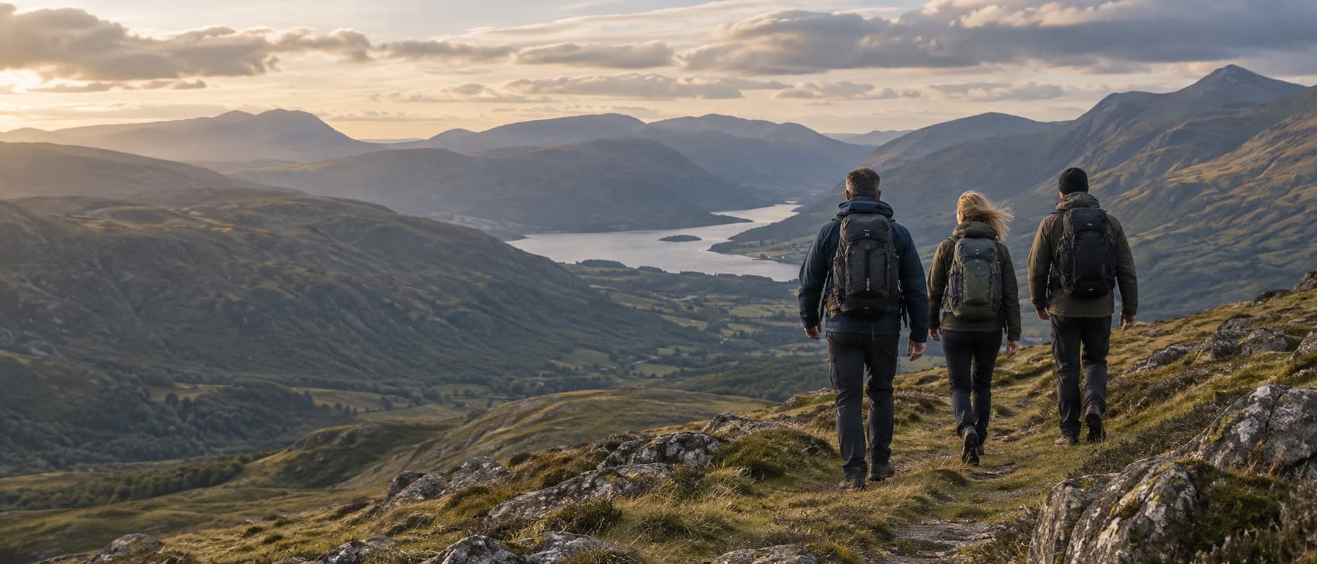 Three people walking together on a mountain ridge