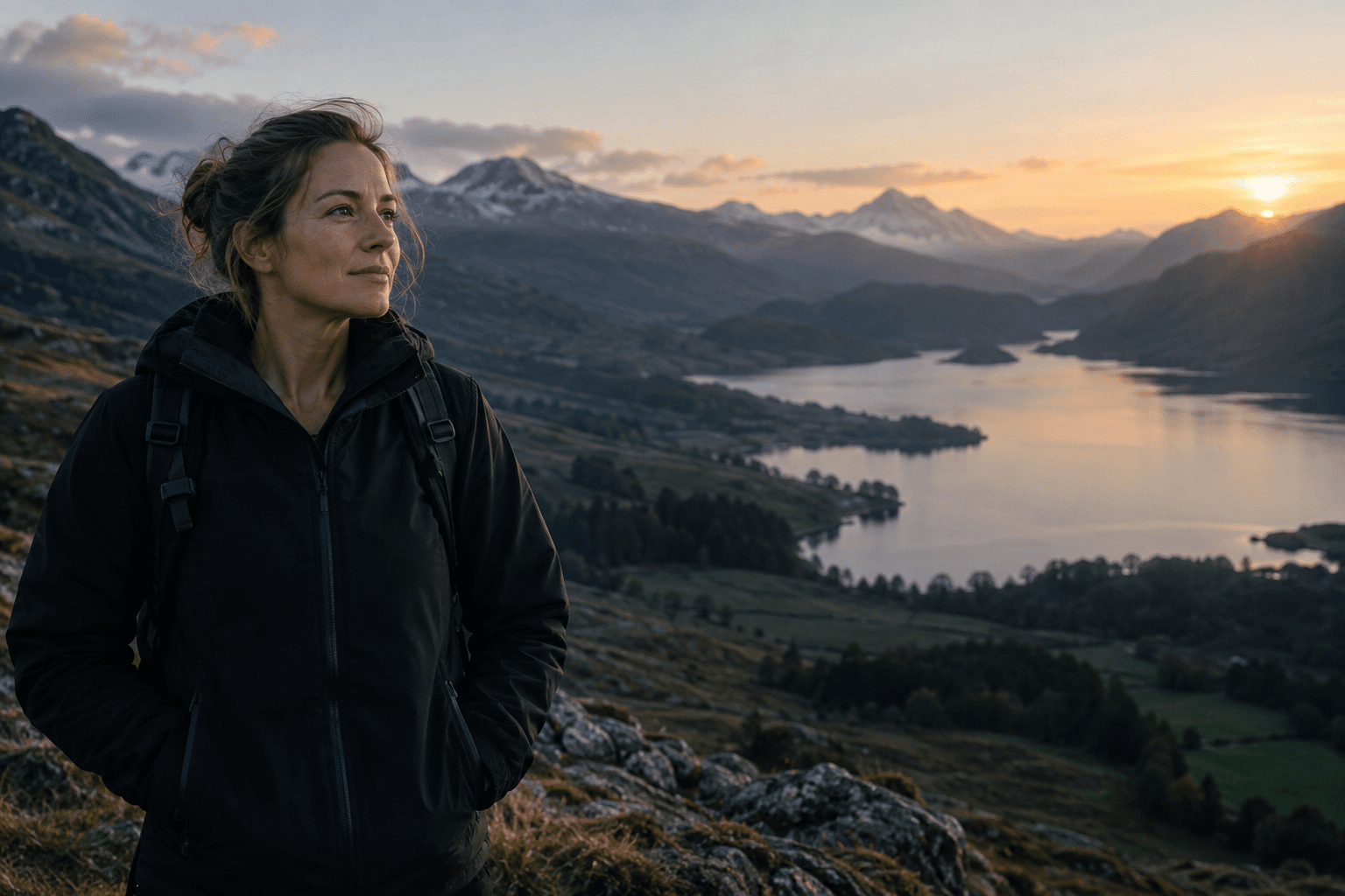 A hiker overlooking a mountain lake at sunrise